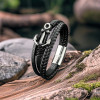 Pulsera para hombre de cuero multicinta negra con ancla azul marino y acero
