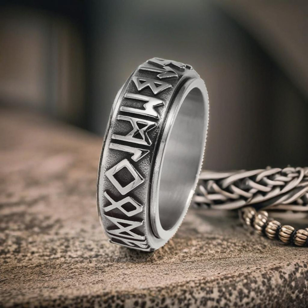 Antistressring voor heren, roterende stalen vikingrunen, aanpasbaar