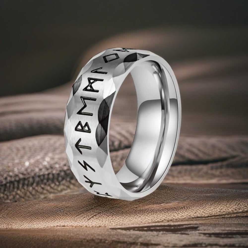 B Bague homme anneau acier runes viking