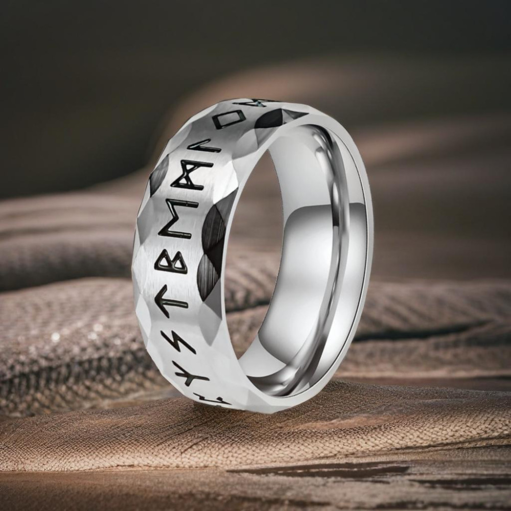 Bague homme anneau acier runes viking