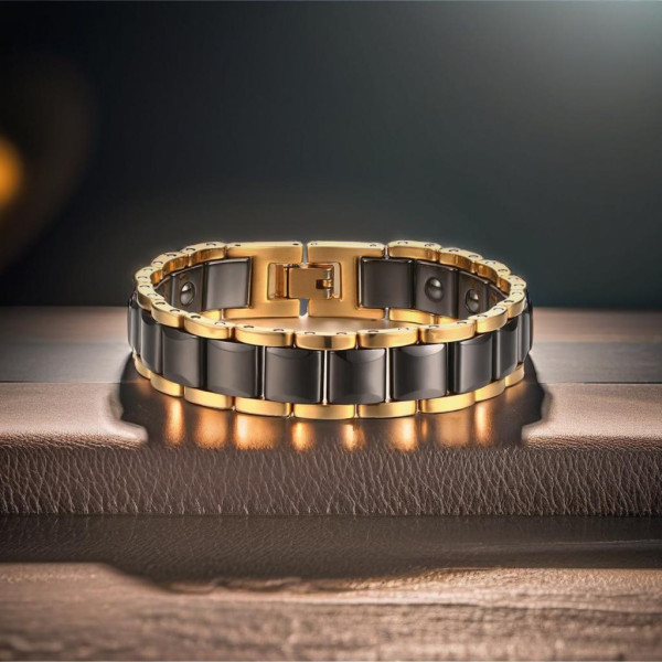 Bracelet homme ceramique noir chaine plaque or magnetique