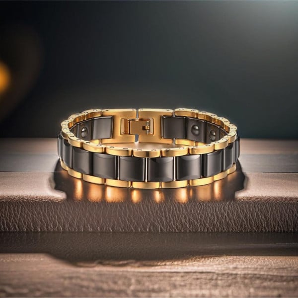 Bracelet homme ceramique noir chaine plaque or magnetique