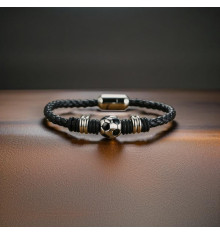 Men's black leather bracelet with football ball braid