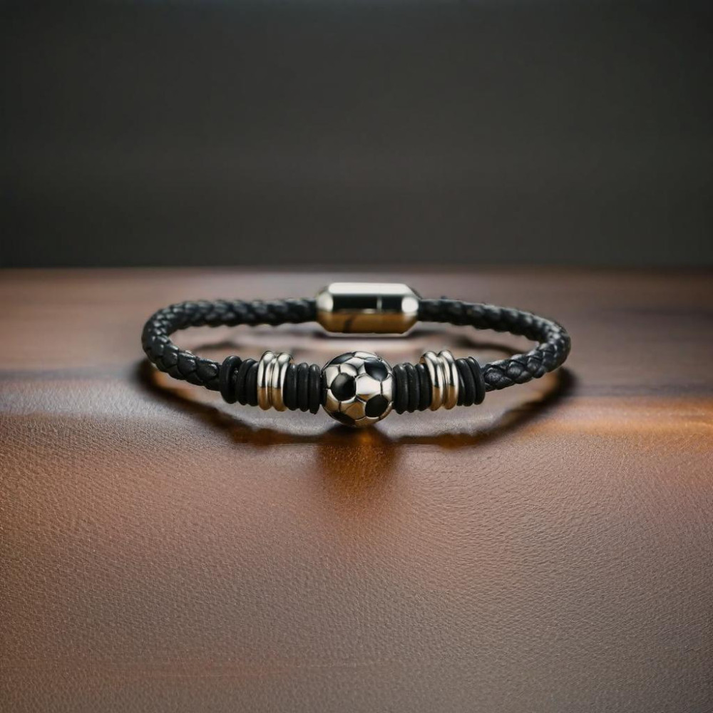 Schwarzes Herren-Lederarmband mit Fußballgeflecht