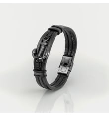 Bracelet homme cuir ruban noir ancre marine