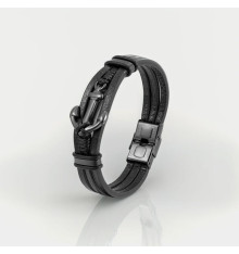 Men's leather bracelet black ribbon marine anchor