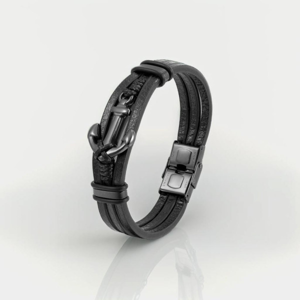 Bracelet homme cuir ruban noir ancre marine