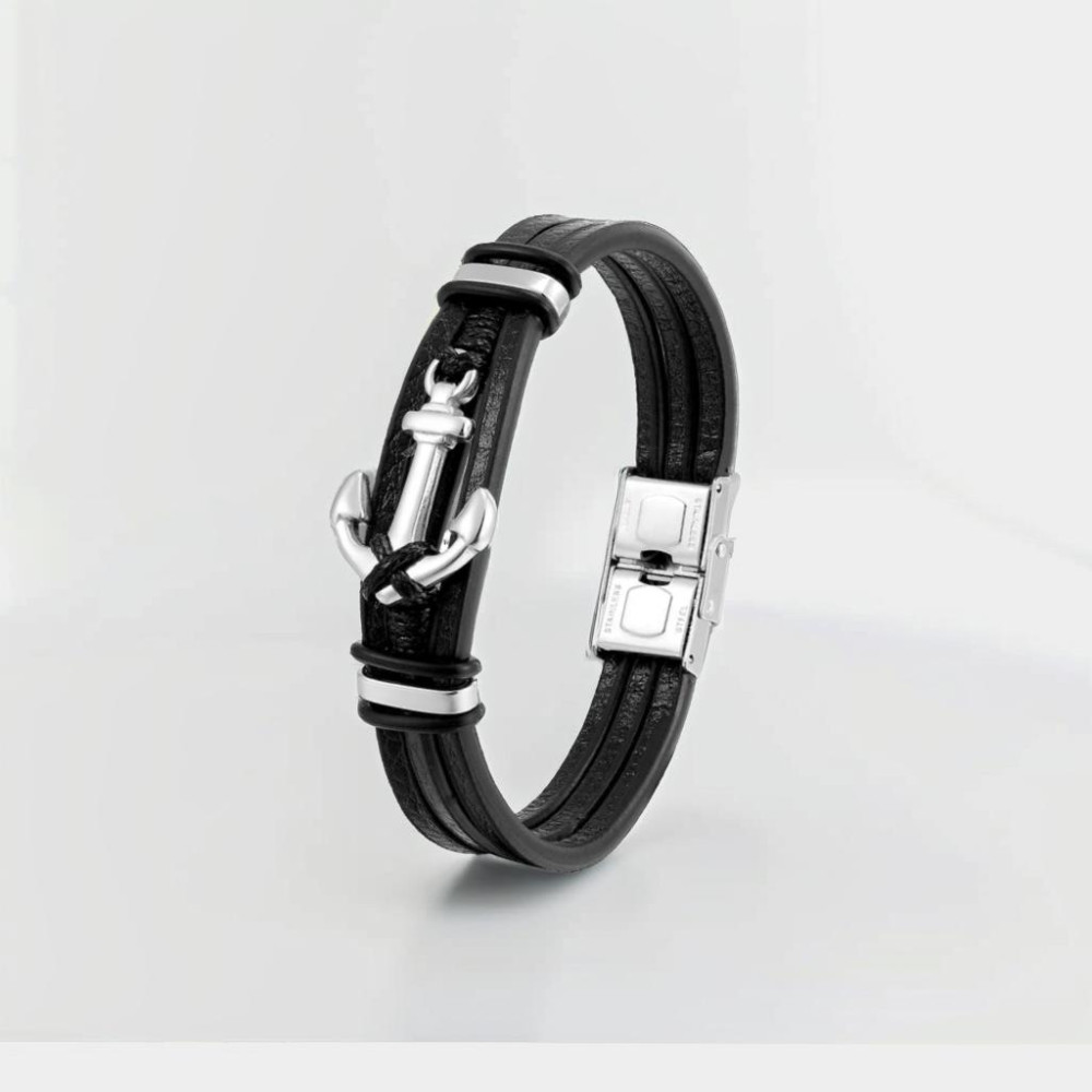 Bracelet homme cuir ruban noir ancre marine