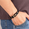 Bracelet homme cuir ruban noir ancre marine