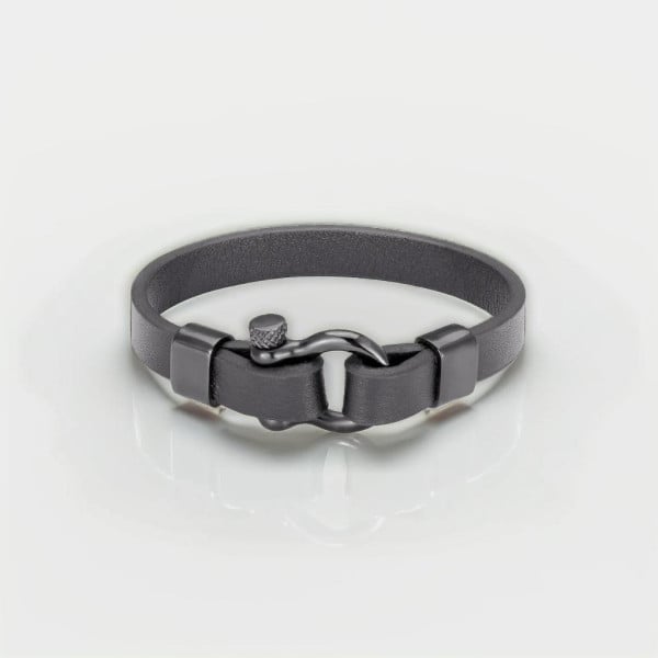 Bracelet cuir noir fermoir manille marin acier