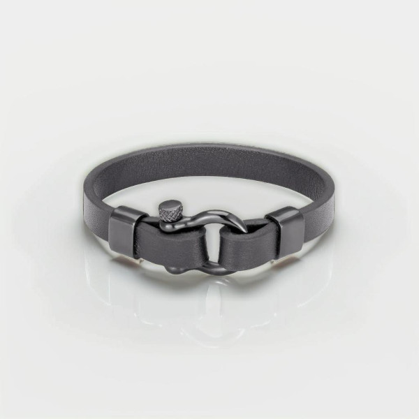 Bracelet cuir noir fermoir manille marin acier