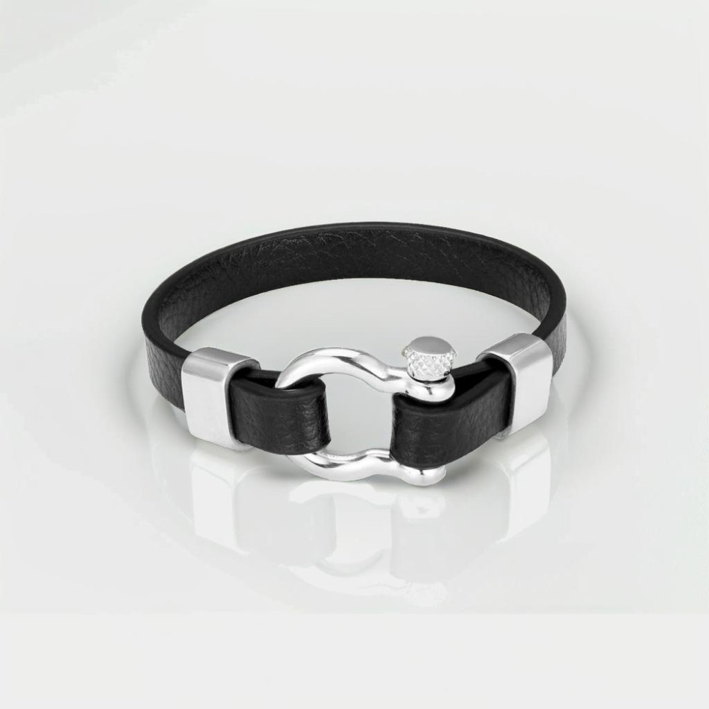 Bracelet cuir noir fermoir manille marin acier