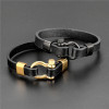 Bracelet cuir noir fermoir manille marin acier