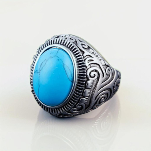 Bague acier chevaliere homme pierre turquoise ovale celtique