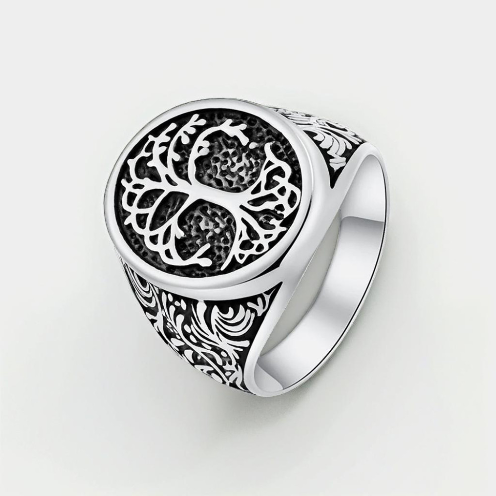 Bague homme acier chevaliere arbre de vie resine noir