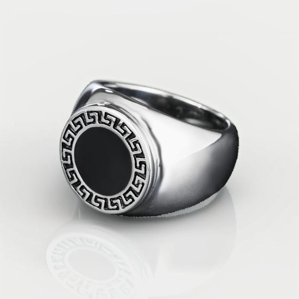Men's Gold Plated Stainless Steel Black Resin Greek Key Ring