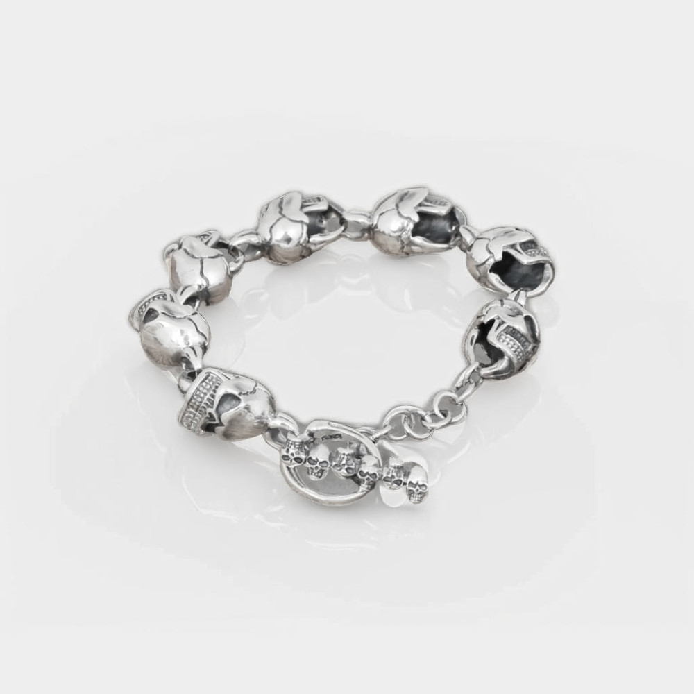 Bracciale da uomo con teschio da motociclista in argento massiccio