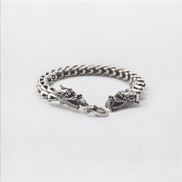 Massief zilveren dubbelkoppige drakenarmband voor heren