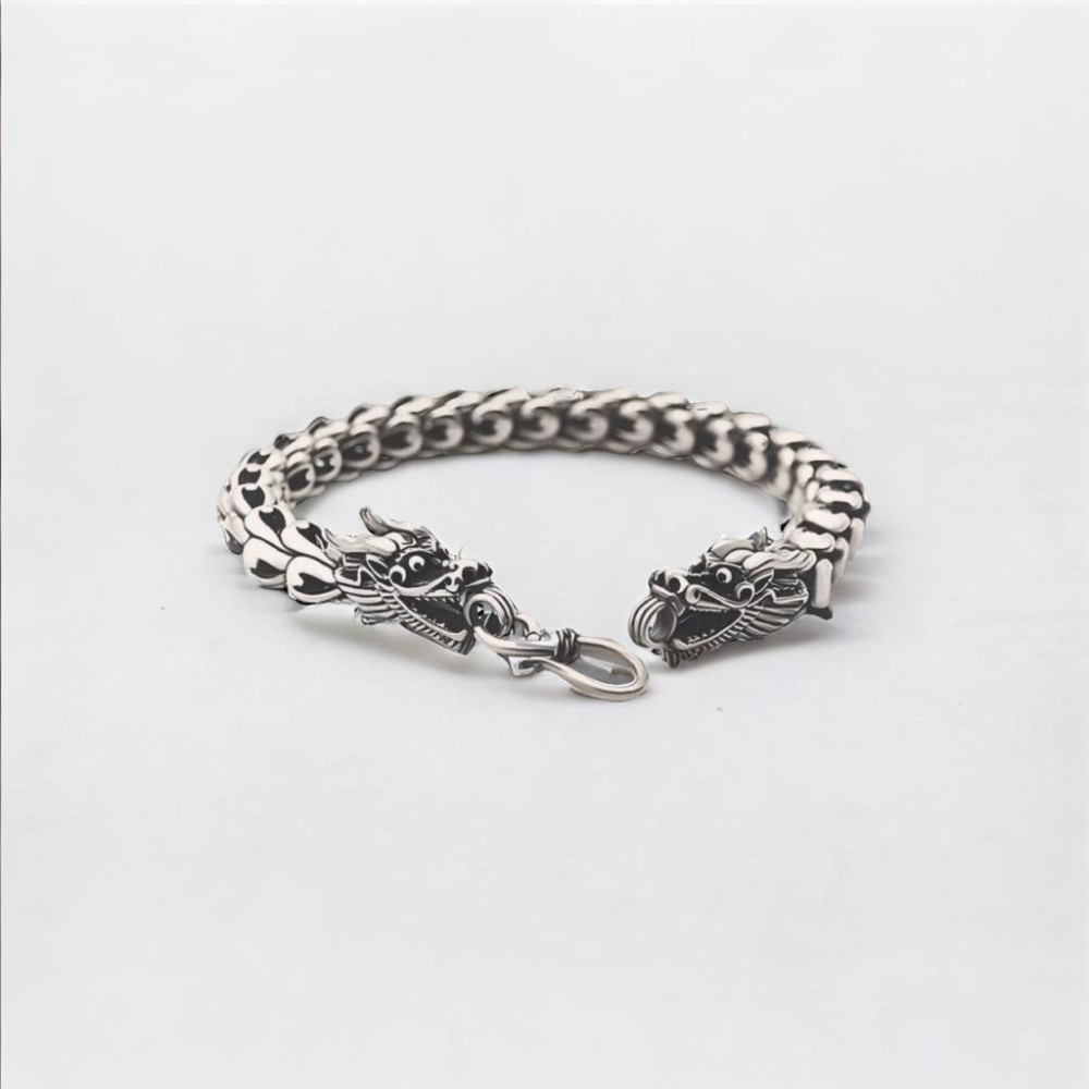 Men's solid silver double-headed dragon bracelet