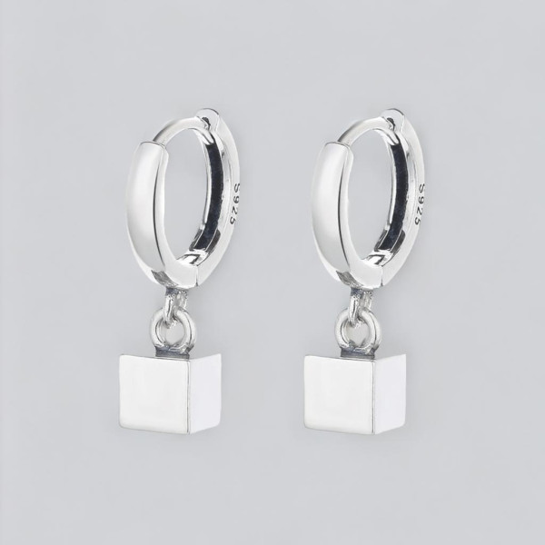 Men's Sterling Silver Cube Pendant Hoop Earrings