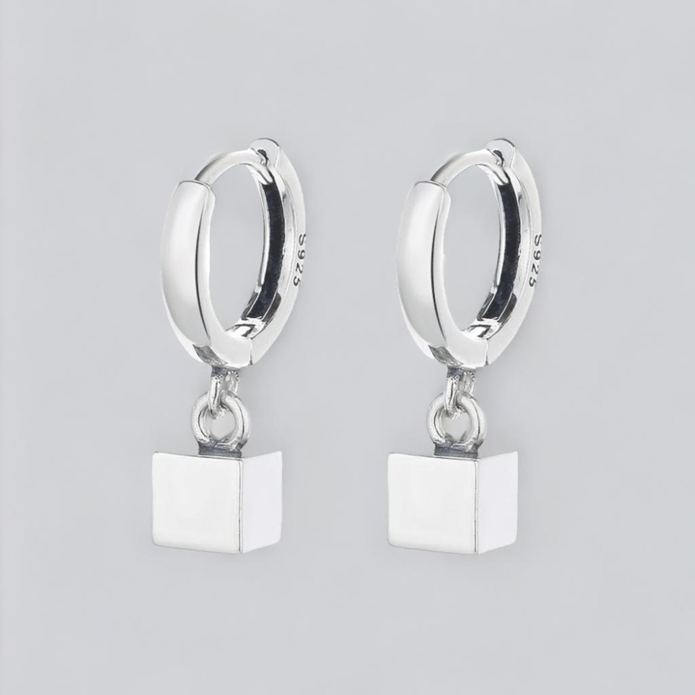 Men's Sterling Silver Cube Pendant Hoop Earrings