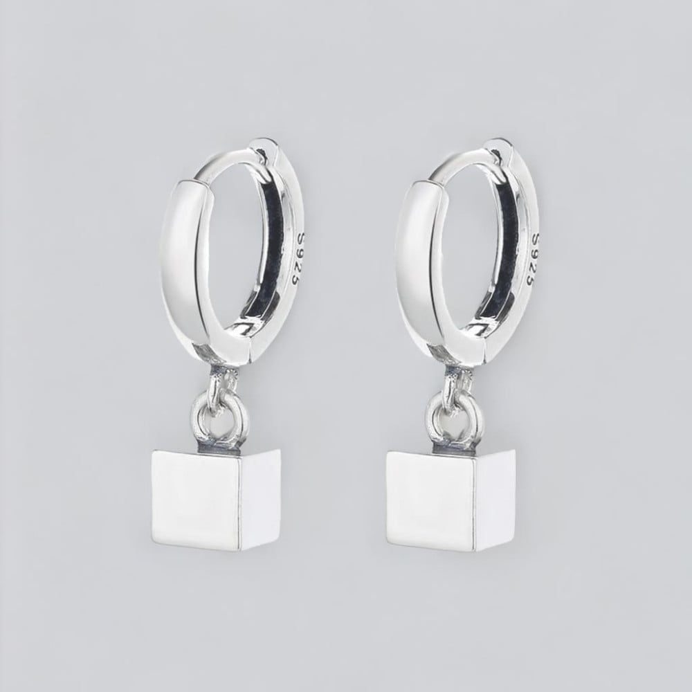Pendientes aros plata cubo colgante