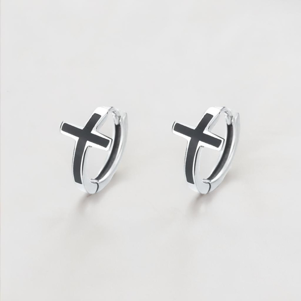 Men's Sterling Silver Black Cross Hoop Earrings - pair