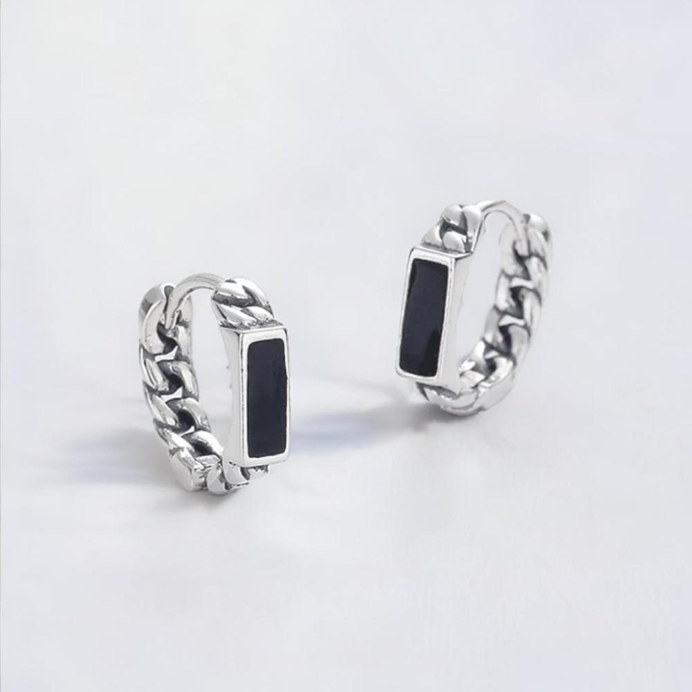Silver black resin hoop earrings