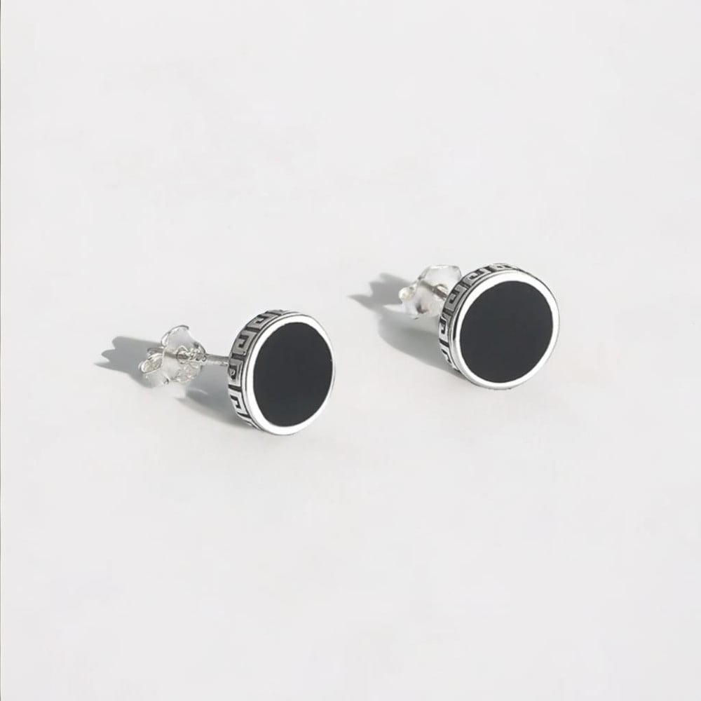 Boucles d'oreilles clous argent grecque resine noire homme femme