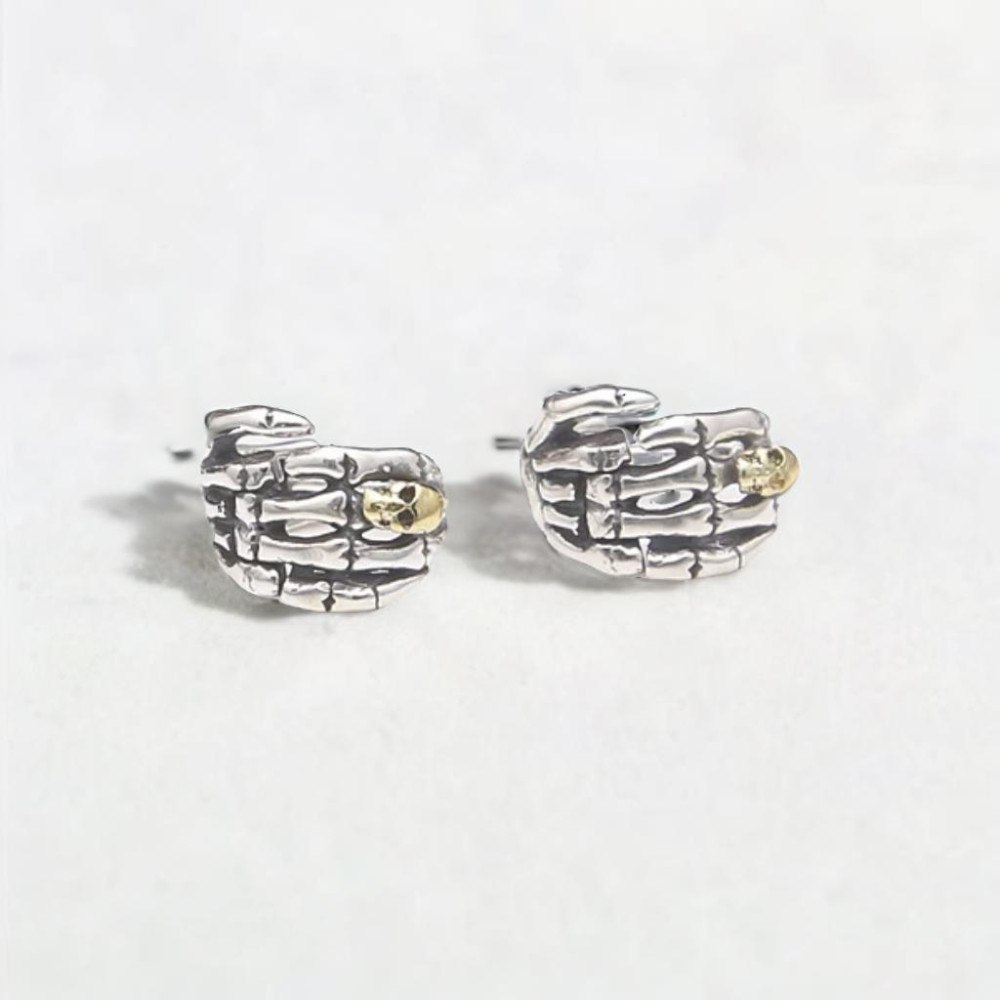 Men's silver skull and skeleton hand earrings