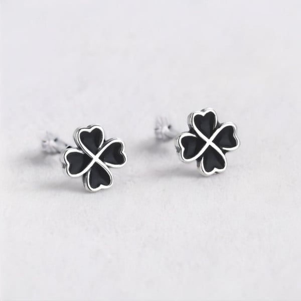 Boucles d'oreilles clous argent 925 trefle a quatre feuilles noire