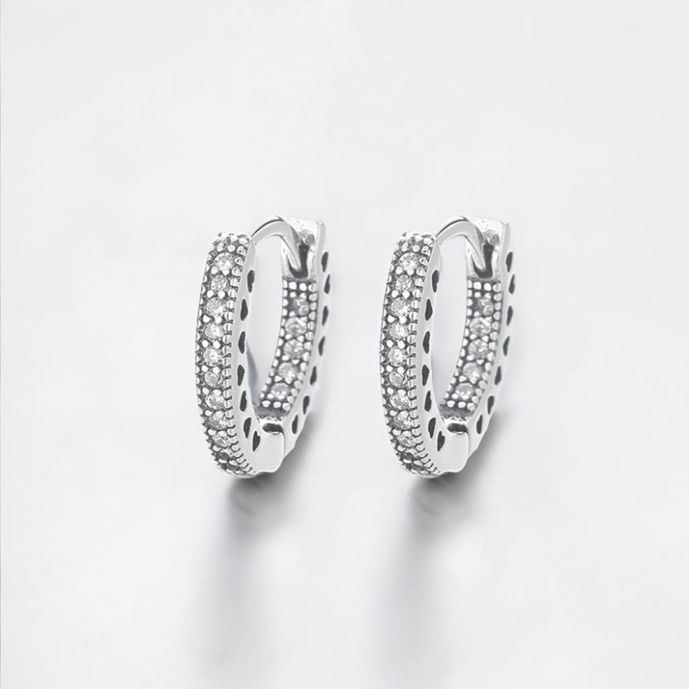 Rhodium Plated Sterling Silver Cubic Zirconia Inlay Hoop Earrings