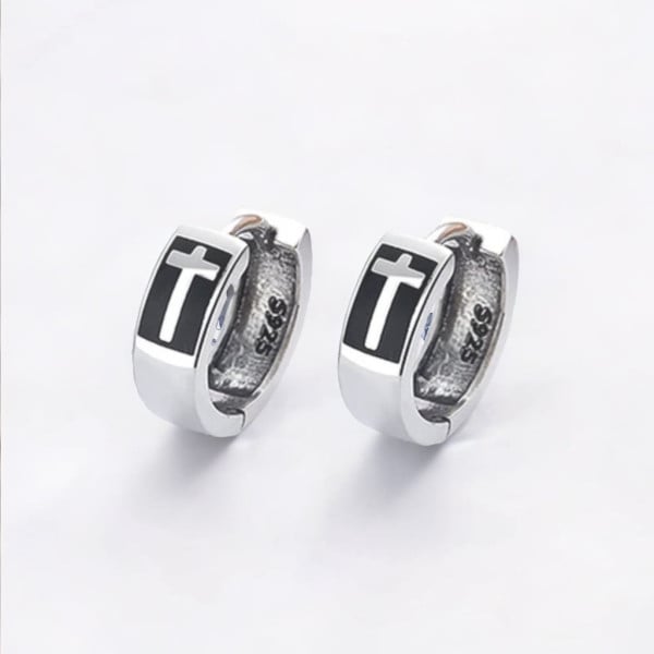 Men's silver hoop earrings with cross