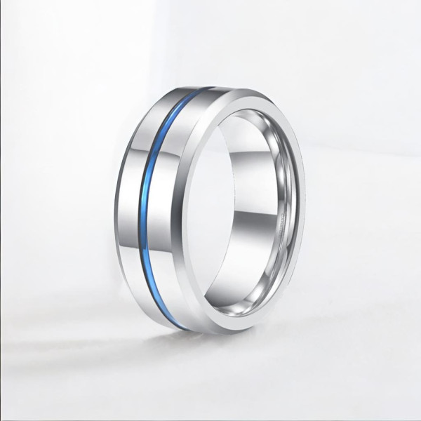 Bague homme tungstene rainure central plaque bleu personnalisable