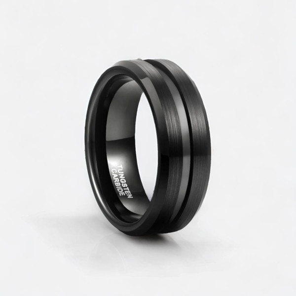 Bague personnalisee tungstene noir rainure brosse