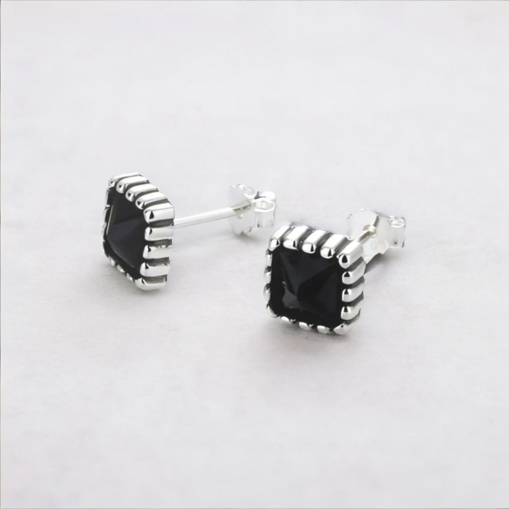 Square stud earrings for men, women, silver, black zirconium