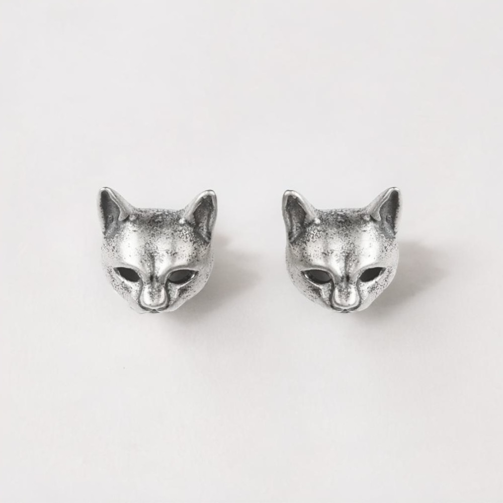 Men's silver cat stud earrings