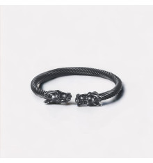 Men's steel biker bangle bracelet with dragon head clasp and cable