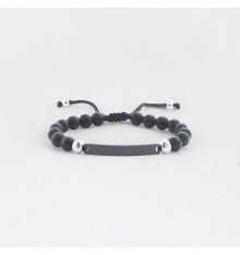 Personalisiertes Herrenarmband aus schwarzer Onyxperle mit Stahlplatte zum Gravieren und Personalisieren