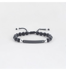 Pulsera de hombre personalizada cordón cuentas de ónix negro placa de acero para grabar personalizar