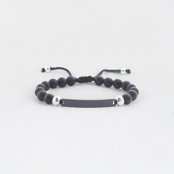 Bracelet personnalise homme cordon perle onyx noir plaque acier a graver personnaliser