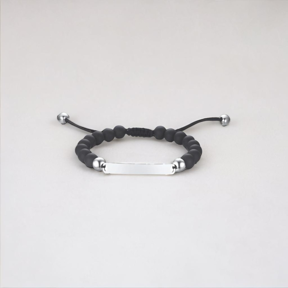 Bracelet personnalise homme cordon perle onyx noir plaque acier a graver personnaliser