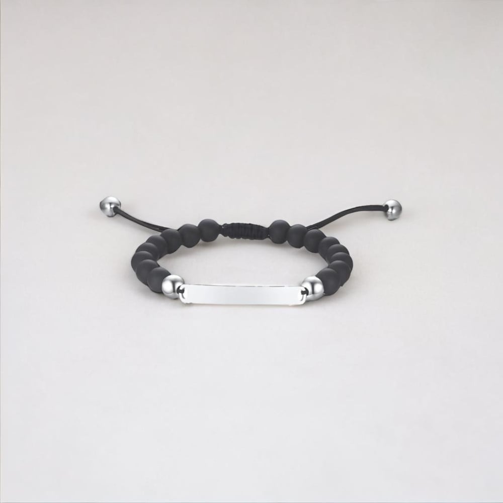 Bracelet personnalise homme cordon perle onyx noir plaque acier a graver personnaliser