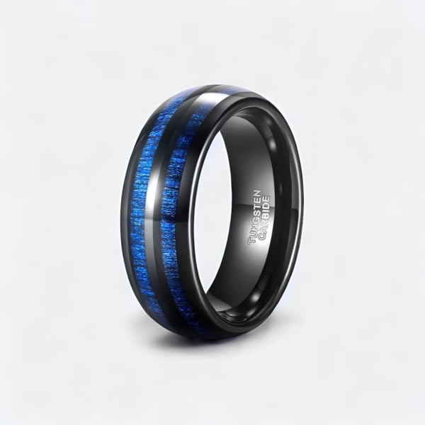 Anello di Nozze Personalizzato in Tungsteno Nero con Linee di Legno Blu