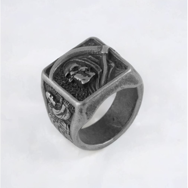 Anello da cavaliere per uomo, teschio e falce in acciaio