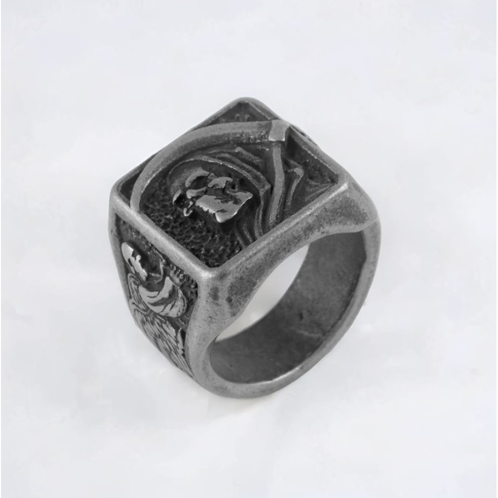 Anello da cavaliere per uomo, teschio e falce in acciaio