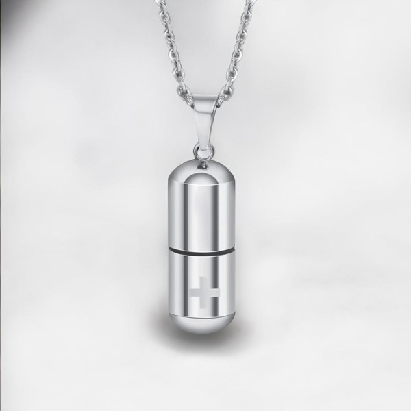 Gepersonaliseerde herenketting met hanger. Capsulebox kruis van staal voor individuele gravure