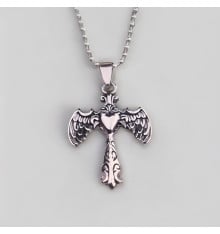 Men's Stainless Steel Wings Cross Heart Pendant