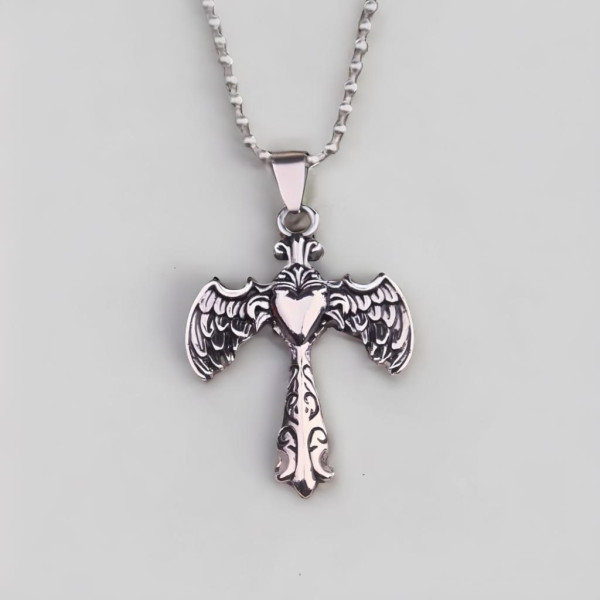 Men's Stainless Steel Wings Cross Heart Pendant