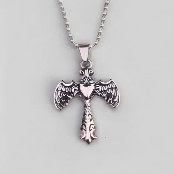 Pendentif Homme croix coeur ailes ange acier